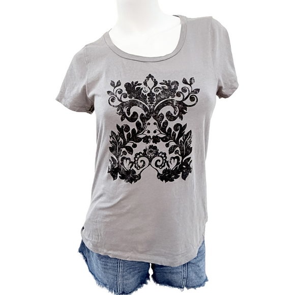 J. crew JNatural fibers 100% fleur-de-lis damask scroll graphic print gray top L - Picture 1 of 6